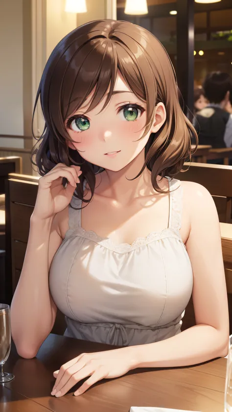 nozomitoujou, nozomi-san always, green eyes, brown hair, short curly hair, masterpiece, highest quality, high resolution, beauti...