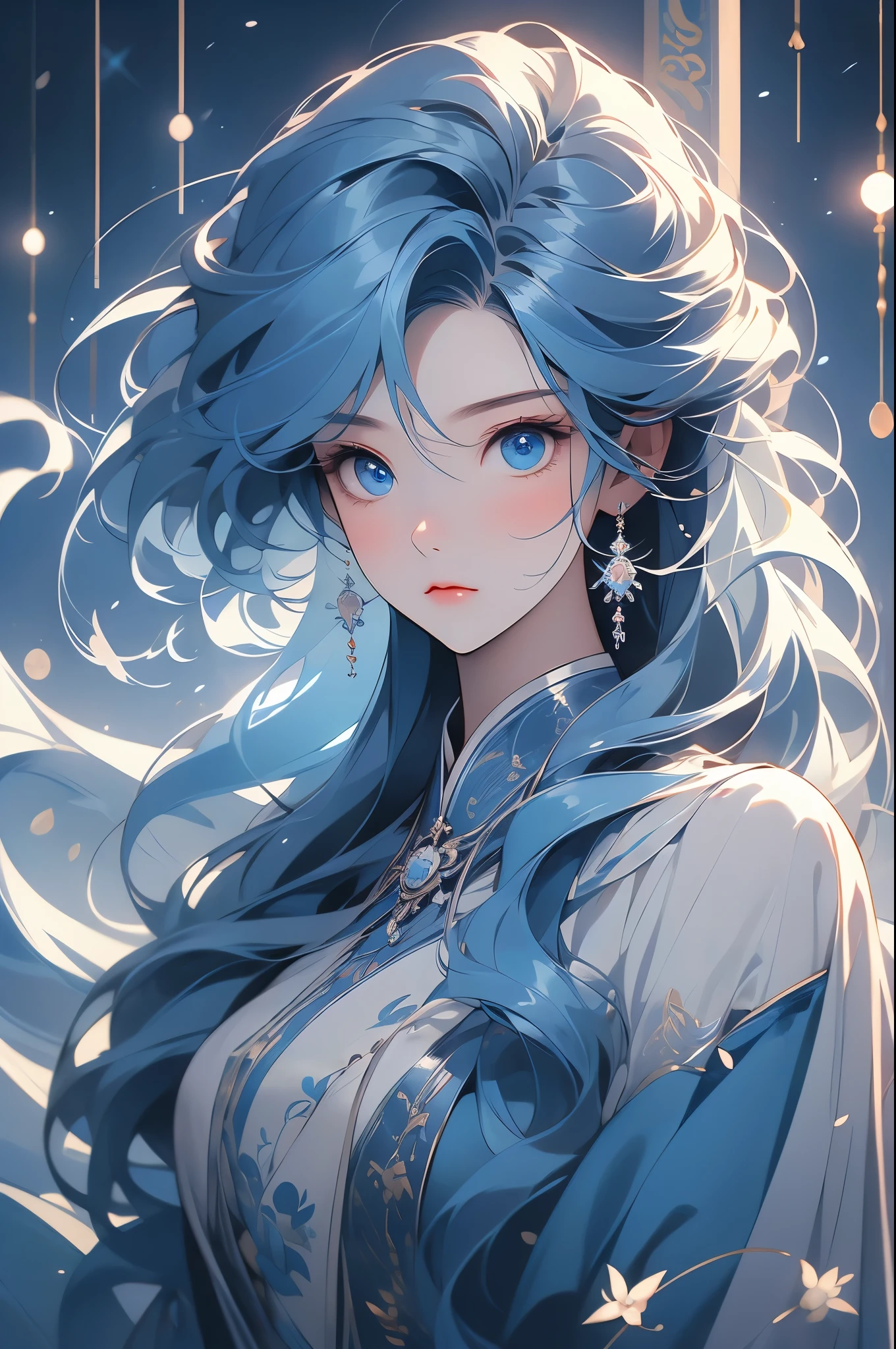 moon，A girl,Frontal image，moon使者,Moonlight Girl,moon的二次元形象,A touch of sadness,Holy and graceful,Sad emoticon,blue eyes,Flowing blue ancient robe,the long flowing blue hair,Exquisite hairstyle,magic,Ray Tracing,Exquisite facial features