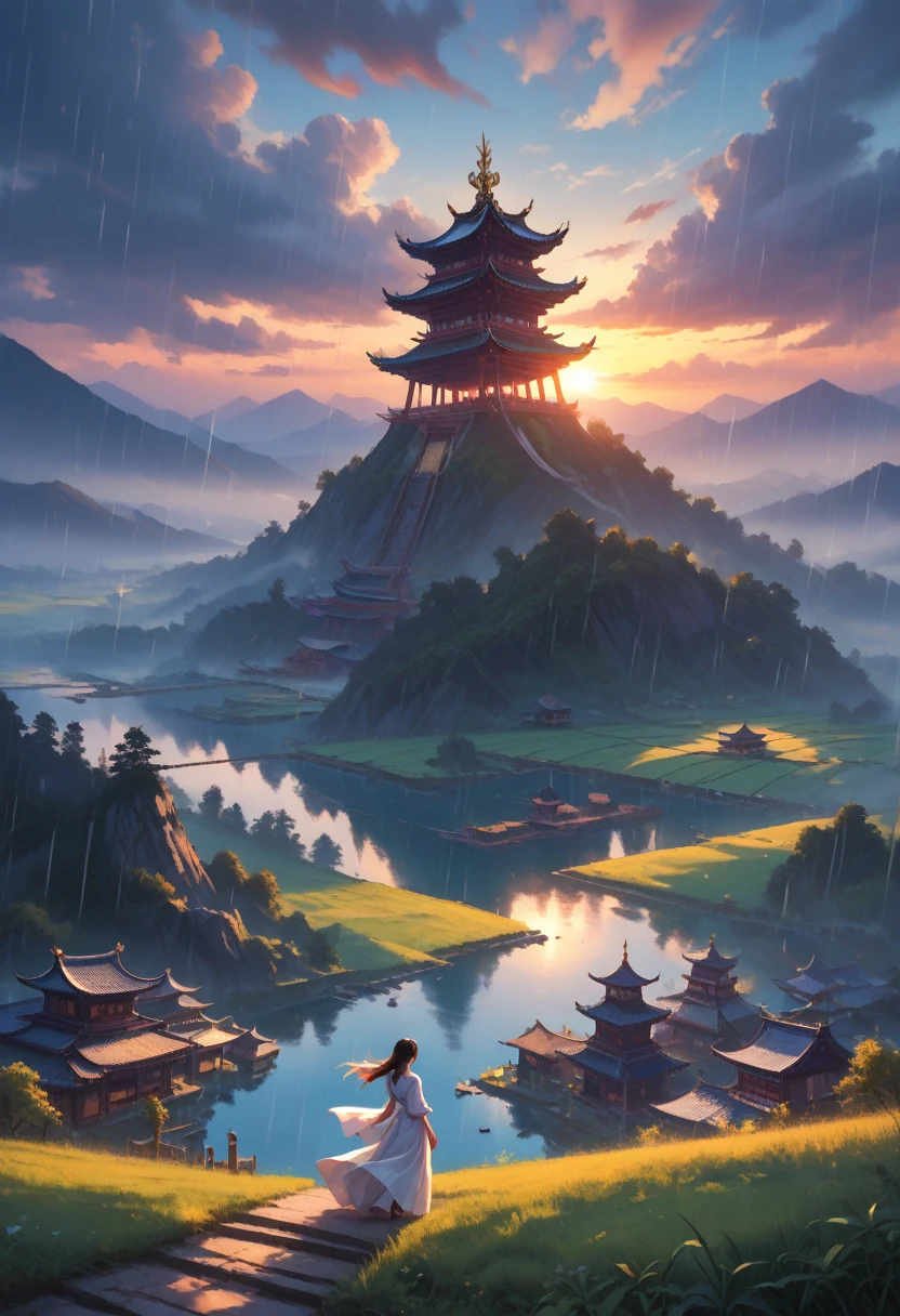 score_9, score_8_up,score_7_up, masterpiece, best quality, perfect anatomy, very aesthetic, official art, 8k, sfw, 1 girl, A small smirk, sexy, just concentrate, throw, very wide shot, landscape, East Asian architecture, Sun Ray, sunrise, floating, cloud, sky, rain, water, whole body, on open air, landscape, depth of field, masterpiece, bright colors, Clear drawing of details, play of shadows and light, wallpaper, Divine Creation,