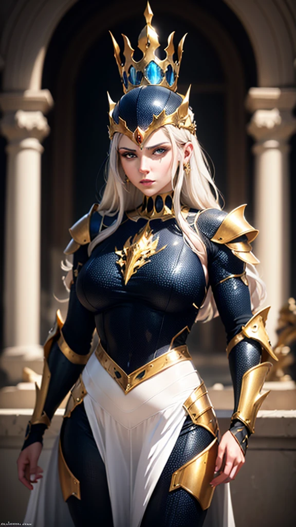 A woman adorned in fantasy-style full-body armor, a crown-concept fully enclosed helmet that unveils only her eyes, a composite layered chest plate, fully encompassing shoulder and hand guards, a lightweight waist armor, form-fitting shin guards, the overall design is heavy-duty yet flexible, (the armor gleams with a golden glow, complemented by red and blue accents), exhibiting a noble aura, she floats above a fantasy-surreal high-tech city, this character embodies a finely crafted fantasy-surreal style armored hero in anime style, exquisite and mature manga art style, (mixture of Queen bee and Spider concept Armor, plasma), ((Element, elegant, goddess, femminine:1.5)), metallic, high definition, best quality, highres, ultra-detailed, ultra-fine painting, extremely delicate, professional, anatomically correct, symmetrical face, extremely detailed eyes and face, high quality eyes, creativity, RAW photo, UHD, 32k, Natural light, cinematic lighting, masterpiece-anatomy-perfect, masterpiece:1.5