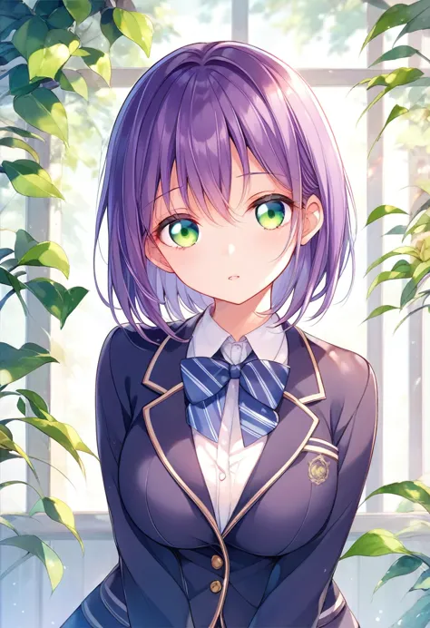 クールビューティーなbeautiful girl、purple hair、bob short hair、green eyes、large breasts、
、sharp eyes、gentle expression、、beautiful girl、wear...