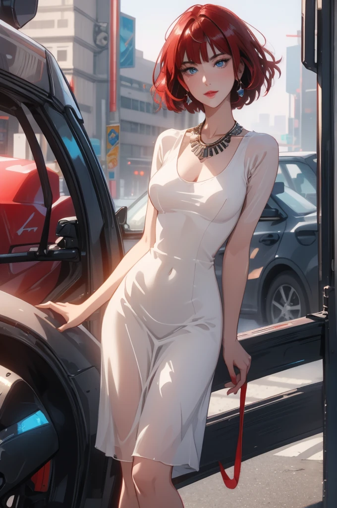 1girl,a beautiful fashion model ,(masterpiece, detailed background, best quality),short and shiny hair, red hair, hair with highlights, bangs, smirk,juicy lips,red lips, calmart, lingerie, stripping, elegant makeup, blue eyes, full body shot, (shiny skin), cyberpunk, sci fi, boa, extravagant jewelry, cocky expression, covered in jewelry, fancy, white dress