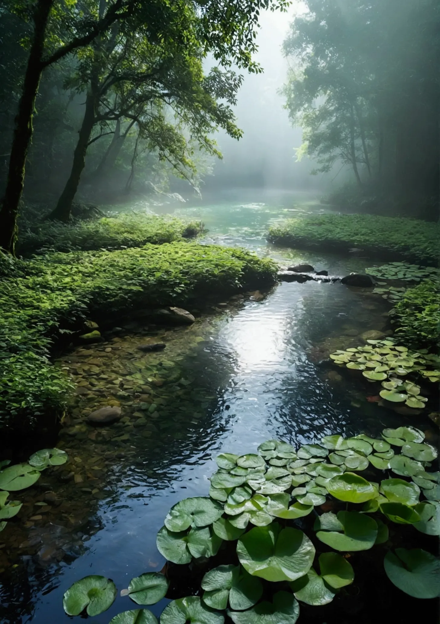 stream in primeval forest，sunlight shining through foggy leaves has a tyndall effect，behind is a green pond，the water is full，th...