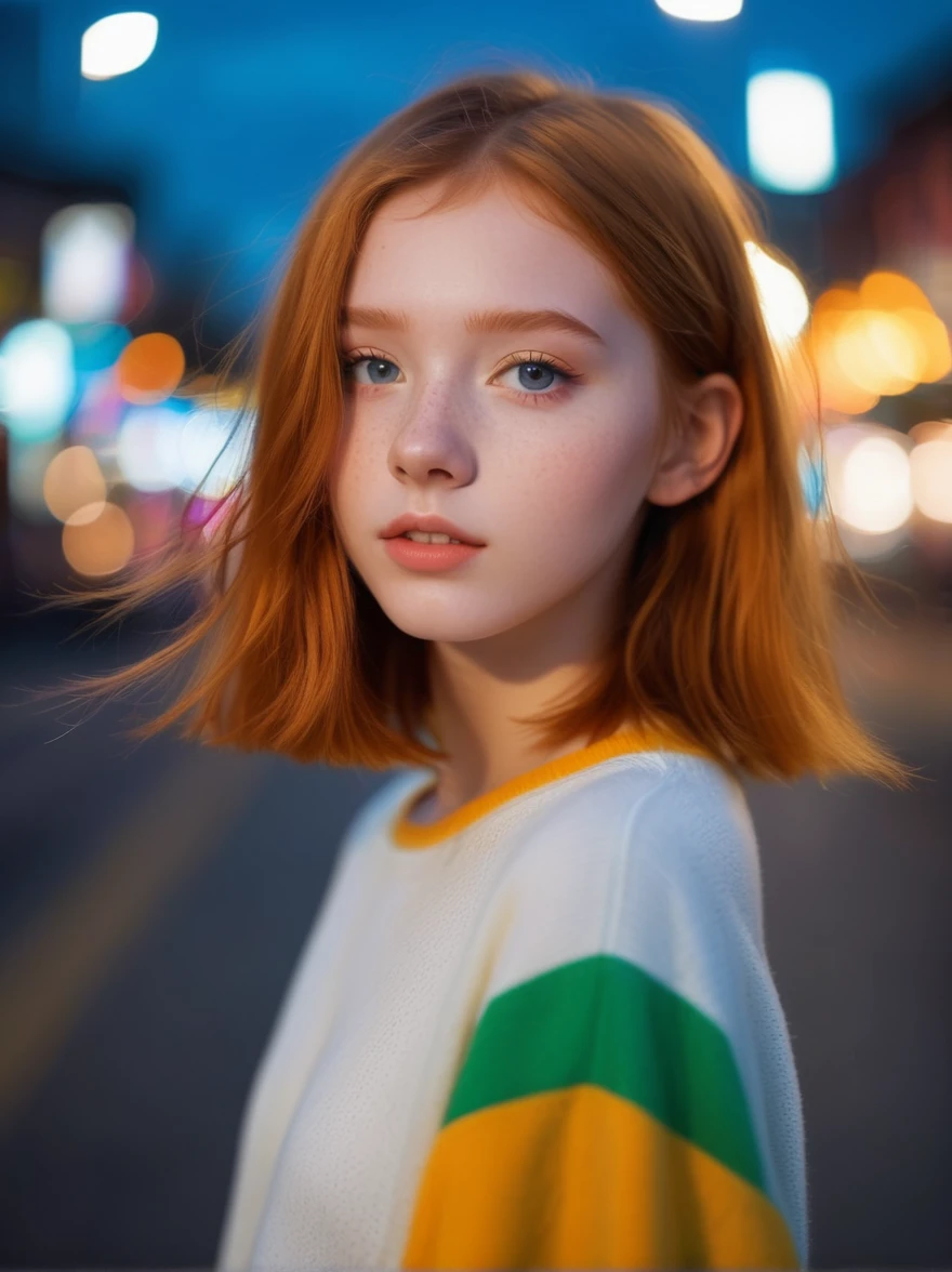 Extremely beautiful 14yo girl runing,(Extremely cure beauty:1.2),highly clear face,Night noise city road,very cute,phenomenal aesthetic,Amazing photos,Cinematic Lighting,Clear perfect eyes, ginger chin length bob hairstyle,bokeh,Sexy self-confidence,proud and independent,NSFW,flowing light and colorful colors,