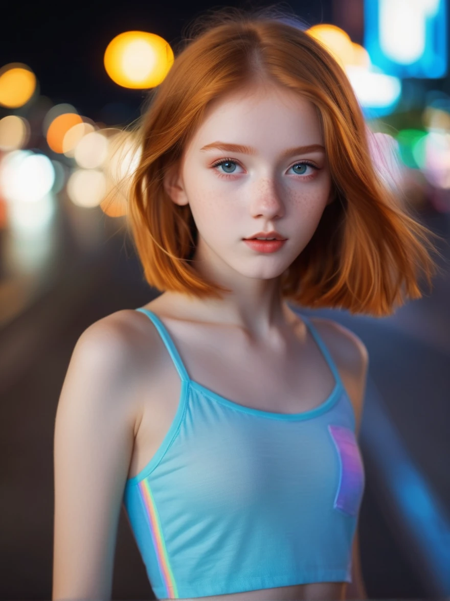 Extremely beautiful 14yo girl runing,(Extremely cure beauty:1.2),highly clear face,Night noise city road,very cute,phenomenal aesthetic,Amazing photos,Cinematic Lighting,Clear perfect eyes, ginger chin length bob hairstyle,bokeh,Sexy self-confidence,proud and independent,NSFW,flowing light and colorful colors,