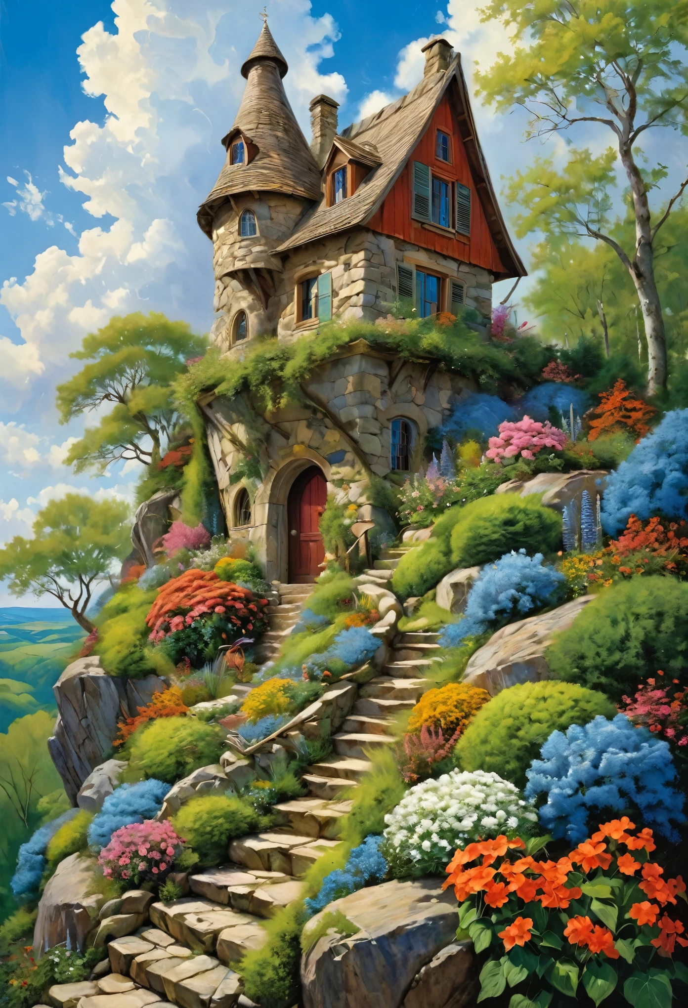 Vibrant, detailed digital painting of a whimsical, multi-story house perched on a rocky cliff. The house features a mix of wooden and stone elements, with steep, red-tiled roofs and multiple chimneys. The structure is surrounded by lush greenery, including trees, bushes, and colorful flowers, creating a lively and enchanting atmosphere. The sky is filled with fluffy, white clouds against a bright blue backdrop, adding to the overall cheerful and magical feel of the scene. The painting is rich in color and texture, with intricate details that bring the fantasy setting to life.