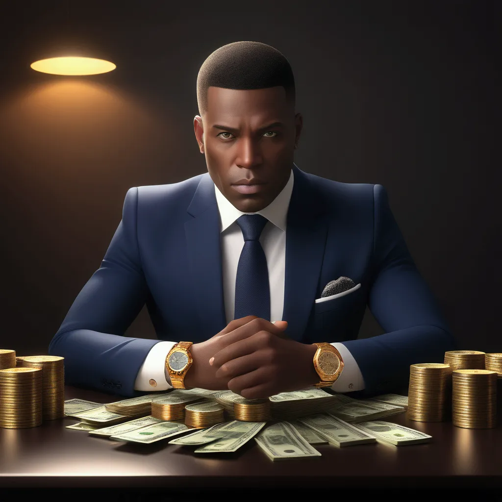 a wealthy businessman sitting at a desk, counting stacks of money, detailed facial features, high quality, photorealistic, 8k, s...