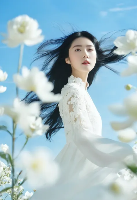 white长裙, white, white连衣裙, white连衣裙, black hair, flowers, blue sky, standing, sky, daytime, outdoor, long hair flying