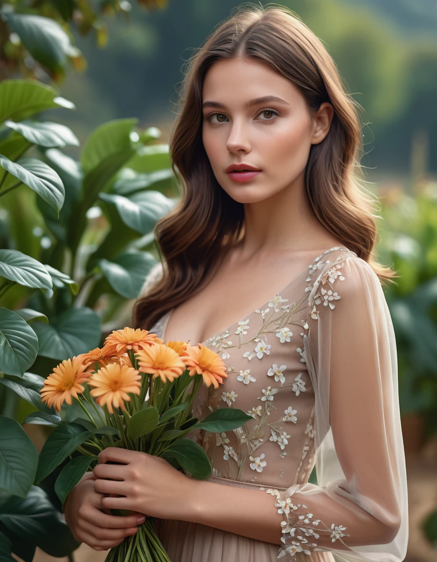 (masterpiece:1.35),(bestquality:1.4),8k,ultra-detailed,photography,(ultra-realistic:1.4),Art Composition,1girl,solo,brown hair,flower,dress,see-through,brown eyes,lips,realistic,plant,see-through sleeves,outdoors,