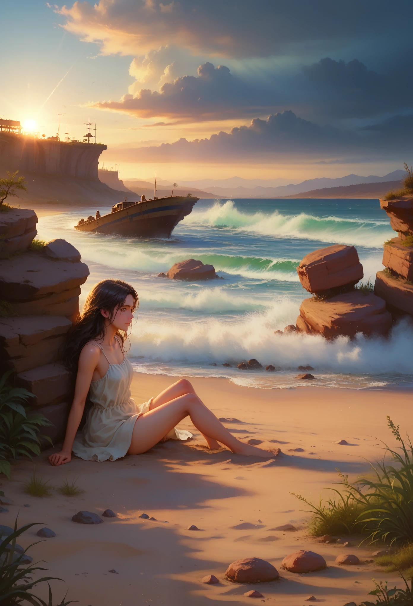 score_9, score_8_up,score_7_up, masterpiece, best quality, perfect anatomy, very aesthetic, official art, 8k,(masterpiece, Best quality: 1.2), Ultra detailed, cinematic lighting, HDR, illustration, landscape, 1 girl, (soft colors), Post-apocalyptic beach, night, Desert atmosphere, Girl sitting on the sand, covered with vegetation, (overcast sky), waves crash on the shore, (melancholic, but reassuring), A quiet moment of respite, (detailed textures), hair fluttering in the wind, облачно nightю, masterpiece, bright colors, Clear palette, dynamic shadows, full detailed, not naked, 