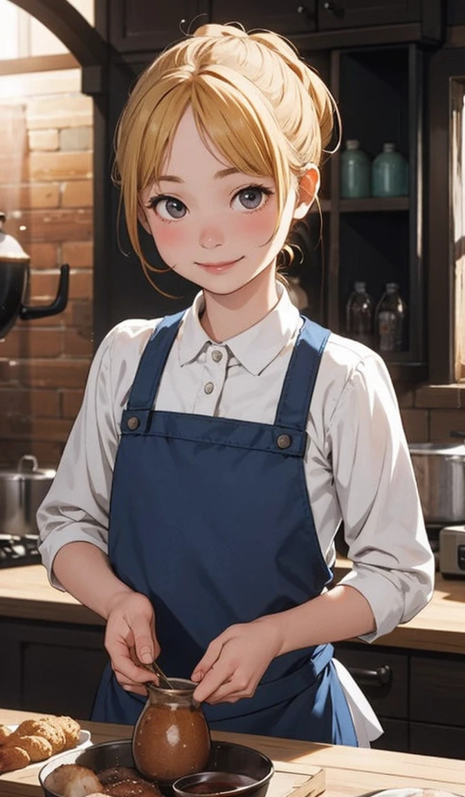 Perfect picture,,{Girl in an apron}{Duan,kitchin}(surround the pot){Beautiful }{hedonism},{dining,Oden},8 years old girl,4K picture quality, Cinematic,,{Gamine},{small body and chest,,,,,,} Longhaire,a blond,cute expression,face perfect,｛girl showing a smile｝