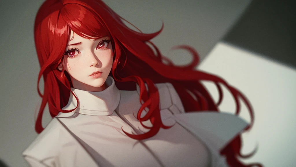 medium-shot angle, cyborg lady, wavy red hair, white suit, heavy rain, beautiful anamorphic lights, cinematic light, masterpiece, 8k.