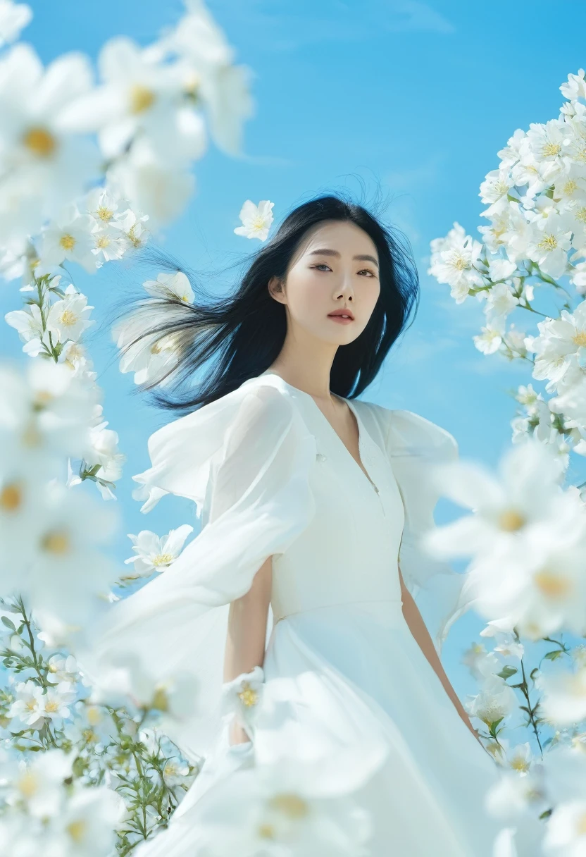 White长裙, White, White连衣裙, White连衣裙, Black Hair, Flowers, Blue sky, Standing, Sky, daytime, outdoor, Long hair flying