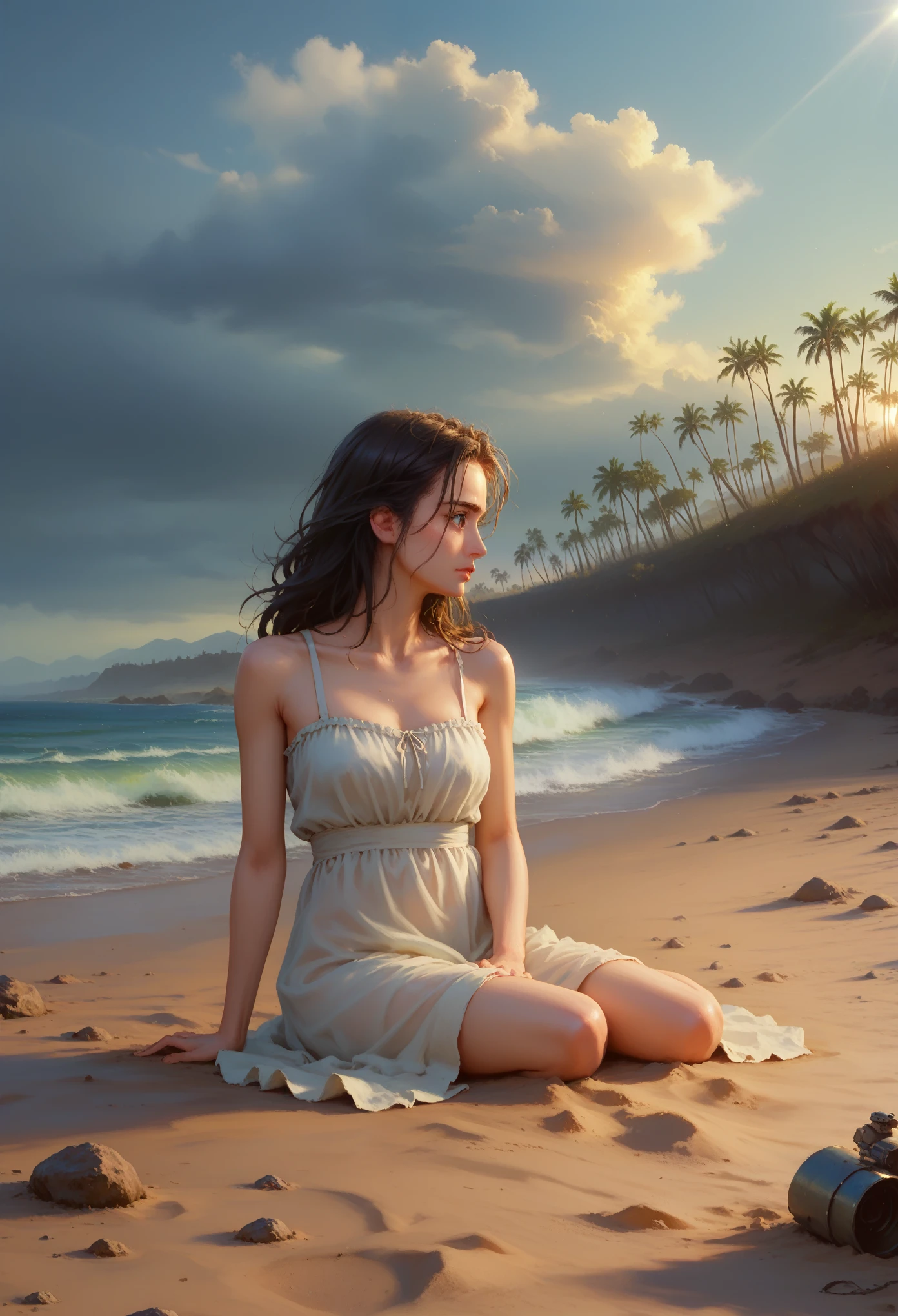 score_9, score_8_up,score_7_up, masterpiece, best quality, perfect anatomy, very aesthetic, official art, 8k,(masterpiece, Best quality: 1.2), Ultra detailed, cinematic lighting, HDR, illustration, landscape, 1 girl, (soft colors), Post-apocalyptic beach, night, Desert atmosphere, Girl sitting on the sand, covered with vegetation, (overcast sky), waves crash on the shore, (melancholic, but reassuring), A quiet moment of respite, (detailed textures), hair fluttering in the wind, облачно nightю, masterpiece, bright colors, Clear palette, dynamic shadows, full detailed, not naked, 