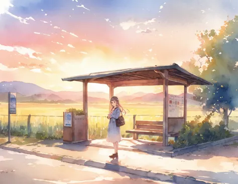 a female student standing at a deserted bus stop in the countryside、look at me and smile、scenery of showa、sunset、watercolor、