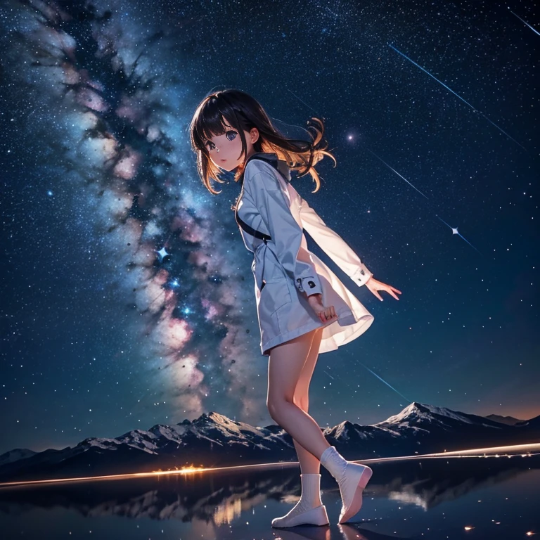 One attractive girl, a starry sky, the stars reflected in the Uyuni Salt Flats,