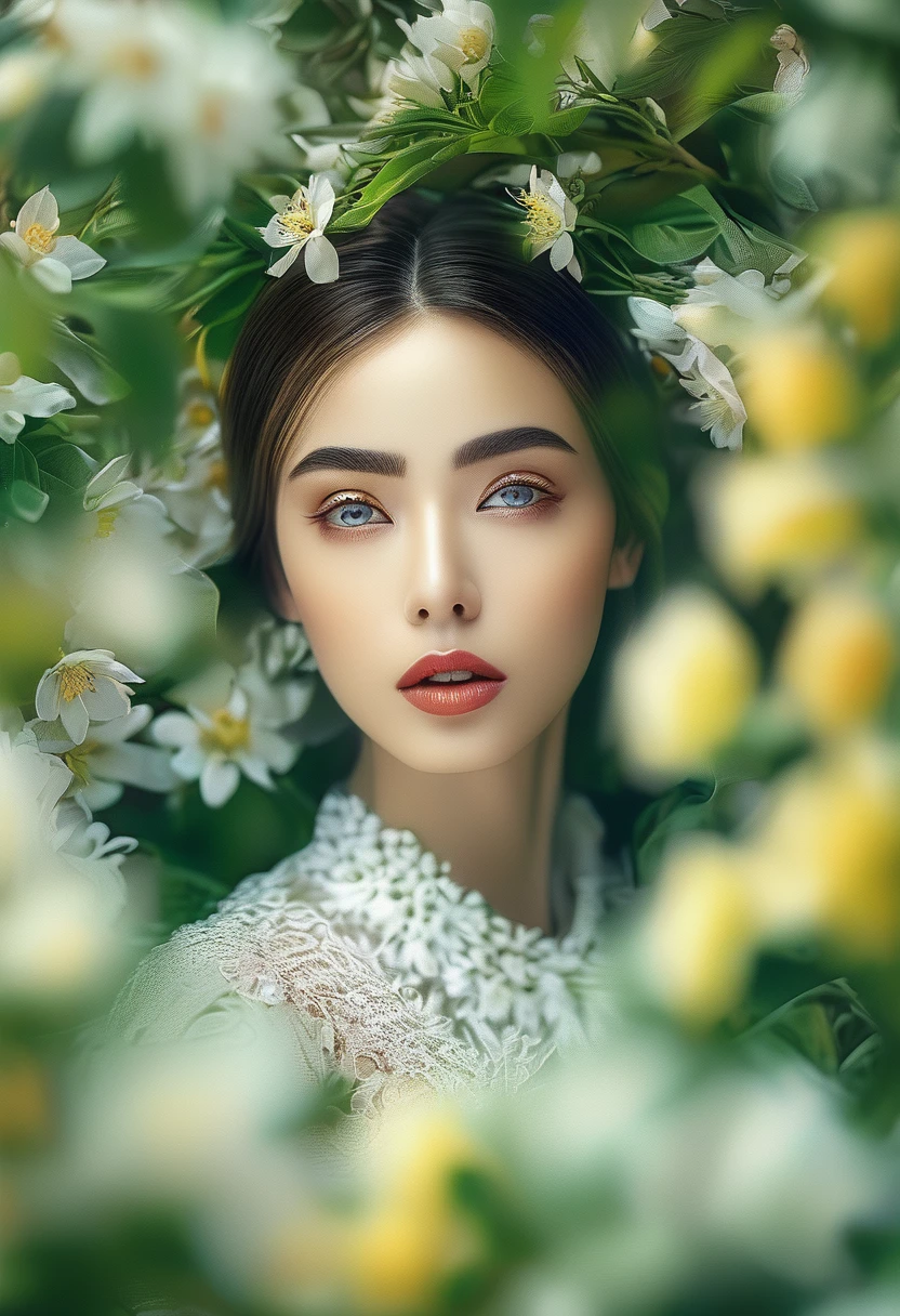 A girl in a garden, beautiful detailed eyes, beautiful detailed lips, extremely detailed eyes and face, long eyelashes, elegant woman, natural light, 8k, high resolution, hyperrealistic, cinematic, dramatic lighting, dramatic contrast, vivid colors, vibrant, moody, atmospheric, masterpiece, photorealistic, professional studio photography, fashion photography