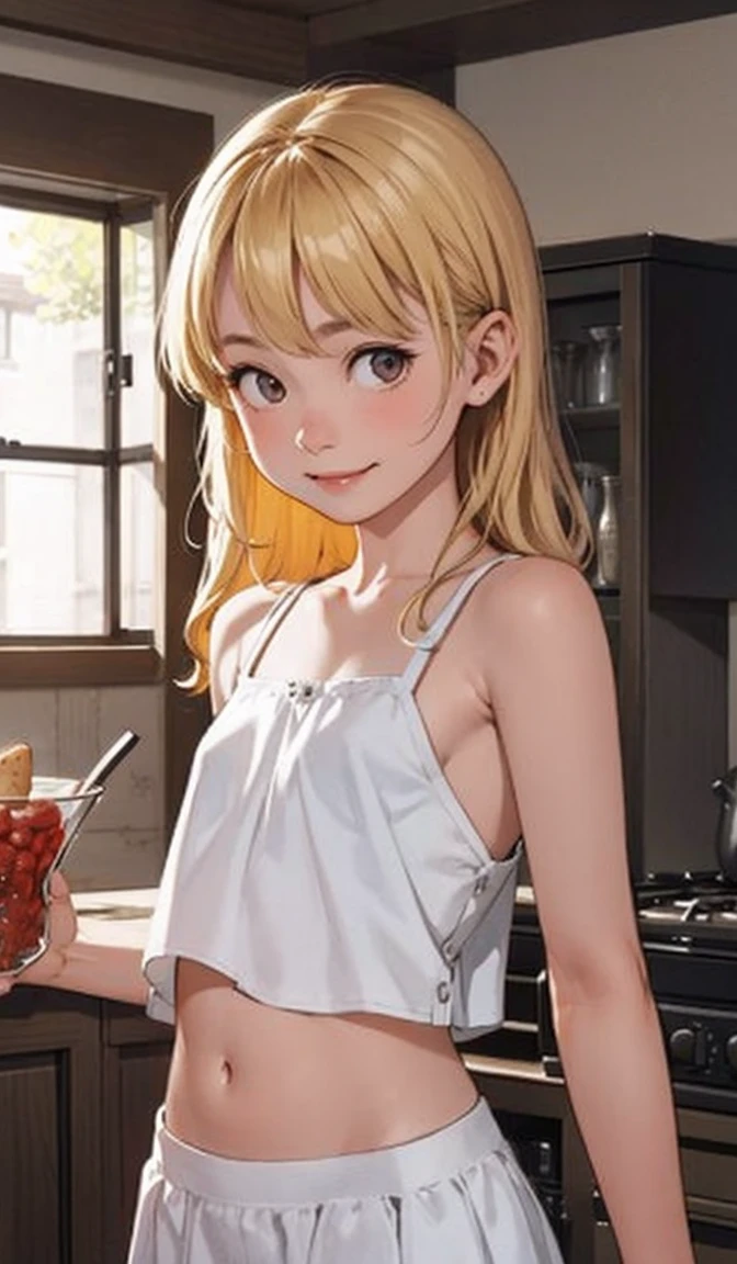 Perfect picture,{Girl with a camisole}{Duan,kitchin}(surround the pot){Beautifull}{hedonism},{dining,Oden},8 years old girl,4K picture quality, Cinematic,{Gamine},{small body and chest} Long hair,a blonde,cute expression,face perfect,｛girl showing a smile}, white camisole, navel, skirt, pelvic_curtain