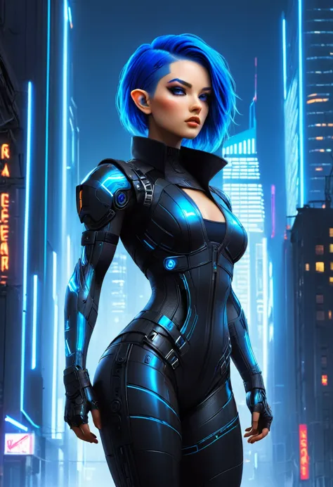 a stunningly beautiful woman with an edgy cyberpunk aesthetic. her short, electric blue hair is styled in a sleek, futuristic cu...