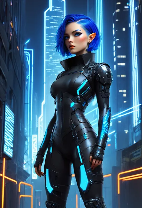 a stunningly beautiful woman with an edgy cyberpunk aesthetic. her short, electric blue hair is styled in a sleek, futuristic cu...