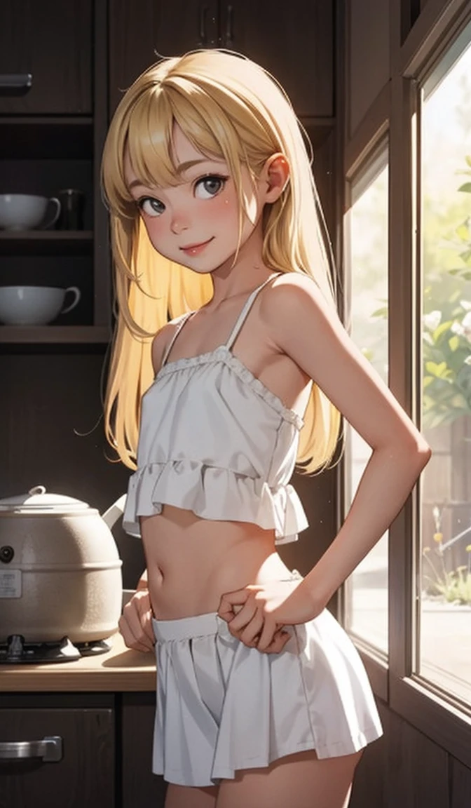 Perfect picture,{Girl with a camisole}{Duan,kitchin}(surround the pot){Beautifull}{hedonism},{dining,Oden},8 years old girl,4K picture quality, Cinematic,{Gamine},{small body and chest} Long hair,a blonde,cute expression,face perfect,｛girl showing a smile}, white camisole, navel, skirt