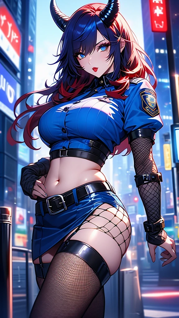 Girl with sheep horns in blue police uniform, short blue police shirt-top, blue police mini-skirt, fishnet stockings, horns, red hair, tummy, belly button, belt, jewelry, makeup, beautiful eyes, big breasts, covered nipples, night city, posing