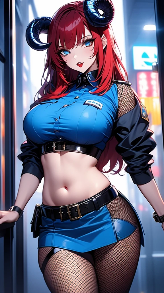 Girl with sheep horns in blue police uniform, short blue police shirt-top, blue police mini-skirt, fishnet stockings, horns, red hair, tummy, belly button, belt, jewelry, makeup, beautiful eyes, big breasts, covered nipples, night city, posing