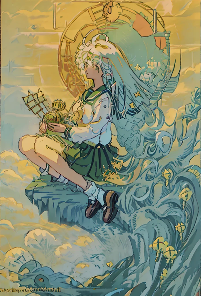 Gentle breeze：A woman of pure whiteness，kagome, Long hair flutters in the wind，A gentle breeze brushed her cheeks，Her eyes were filled with serenity and thoughtfulness, tarot card style , ((TAROT CARD ART)) that represents Kagome (wearing a green skirted Japanese schoolgirl uniform) from Inuyasha in traditional tarot art style. holding floating crystal shard. dreamy look, breathtaking, stunning creative medieval tarot art