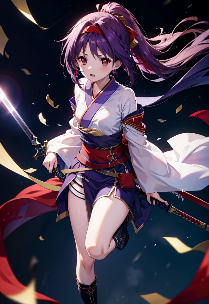 yuukikonno, Yuki Konno, hair band, Long Hair, Pointed Ears,ponytail, Purple Hair, (Red eyes:1.5), (Small breasts:1.2), Open your mouth,Purple kimono,Red too,boots,Hold the handle of the sword with one hand,Sword Drawing Technique,whole bodyがイラストに入るように,
break looking at viewer, whole body,
break outdoors, Medieval European streets,
break (masterpiece:1.2), Highest quality, High resolution, unity 8k wallpaper, (shape:0.8), (Narrow and beautiful eyes:1.6), Highly detailed face, Perfect lighting, Highly detailed CG, (Perfect hands, Perfect Anatomy),