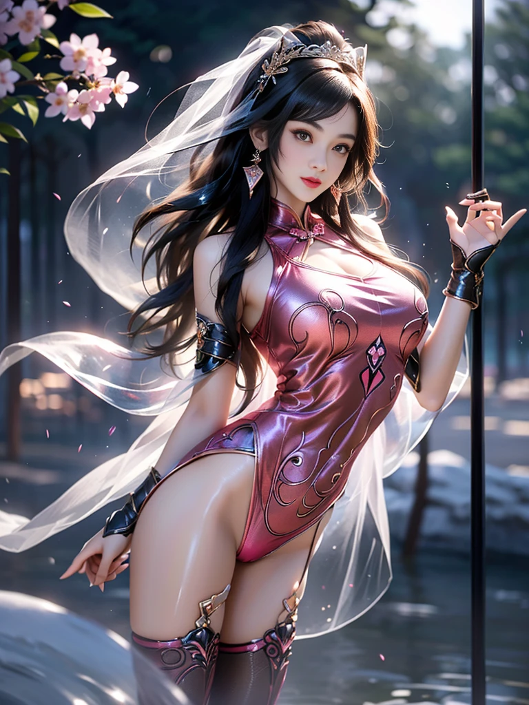 A beauty, (Race:Chinese),((night, moonlight, On the bus, rainstorm)), (8K Ultra HD, 8K, Ultra-high resolution, best quality, masterpiece, Surrealism, Digital SLR Camera, Soft Light, Bokeh, Masterpieces), ((((Beautiful model-like face))), ((Creating the image of a real girl)), warm light, Realistic shadows, Dynamic poses, Elegant Posture, Cowboy lens, Full body front view, Be confident, Body facing the camera, Standing facing the camera, Open your legs slightly, Golden Ratio Graphics, Minimalism, Center the character), (Happy smile, Big watery eyes, Cherry Blossom, Balanced Eyes, Perfect beautiful face, Normal facial features, Realistic skin, Attention to skin details, Skin is clean and radiant, Anatomically correct body, Hourglass figure, cosmetic, Gloves, earrings, bracelet, necklace, Jewelry, veil, Hair accessories, Headdress, shawl), ((beautiful hair), Dark brown hair, Big wavy curly hairstyle, Waist-length hair, Messy Hairstyle, Gradient hairstyles, Cyberpunk hairstyle), ((Transparent clothes：1.5), (Color of clothes: Pink), Ultra-revealing clothing, (Sexy的, Perfect breast shape, Teardrop chest shape, Snow-white breasts, very detailed breasts, 36C cups), (Tempting, Super high waist, Deep V, Low-cut, Sexy, Flattering, Open crotch, (Camel toe, High fork strangulation)), (sock, Knee socks, 吊garter, Leg ring, garter, 腿部garter), (style:Sexy,Mature), (Wet body:1.0) , (Wet clothes:1.0), (clothes pattern: line)