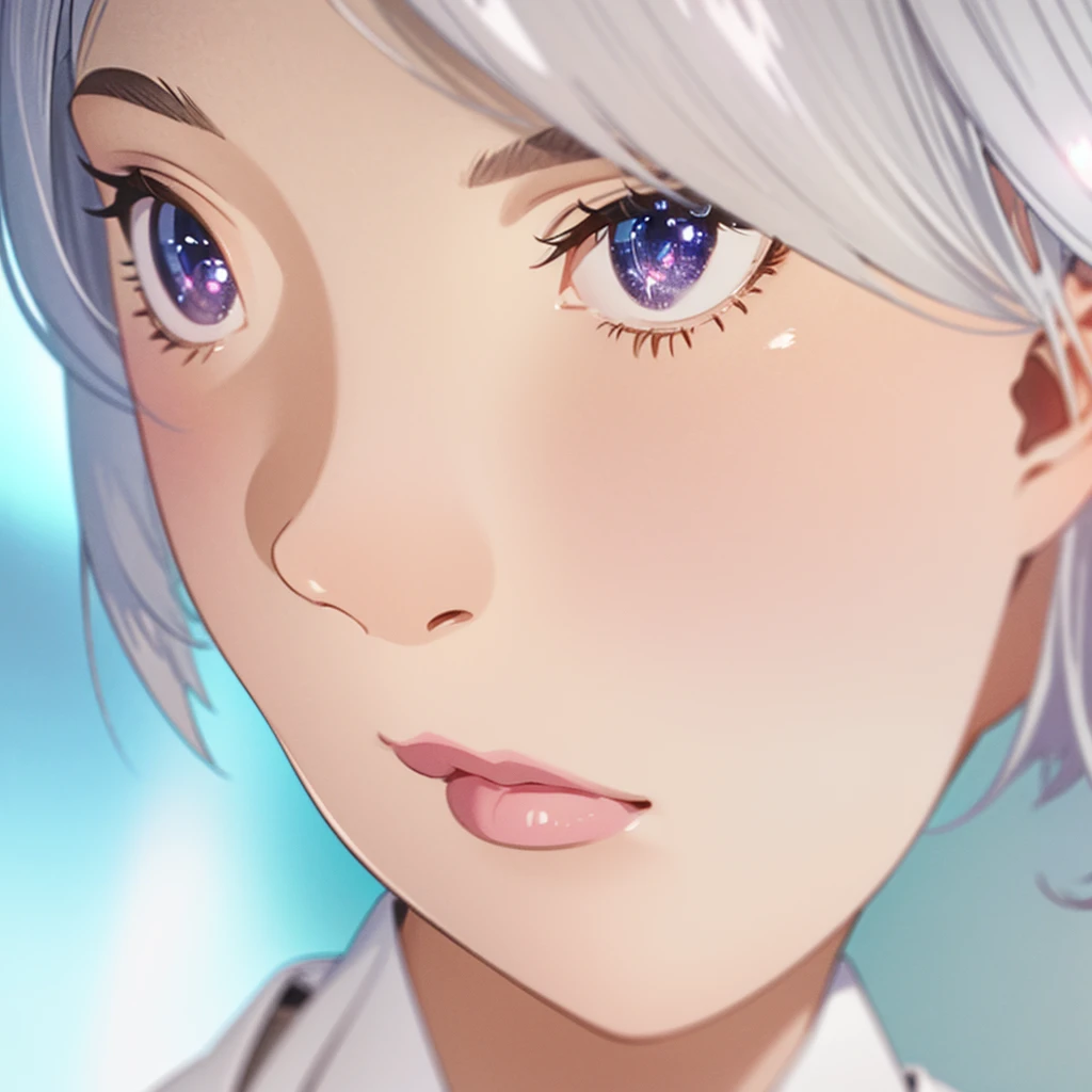 close-up shot of 1girl, light pink short hair, silver eyes, glossy lips, sapphire earrings, iper-realistic, masterpiece, cinematic lighting, best quality, anatomically perfect.