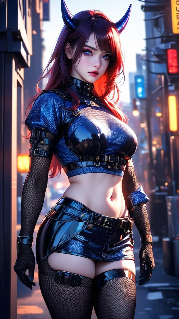 a beautiful girl with blue police uniform, short blue police shirt-top, blue police mini-skirt, fishnet stockings, demon horns, red hair, exposed midriff, belly button, belt, jewelry, glamorous makeup, stunning eyes, large breasts, covered nipples, night city background, posing, cinematic lighting, (best quality,4k,8k,highres,masterpiece:1.2),ultra-detailed,(realistic,photorealistic,photo-realistic:1.37),beautiful detailed eyes,beautiful detailed lips,extremely detailed eyes and face,longeyelashes,dark fantasy,sci-fi,neon lights