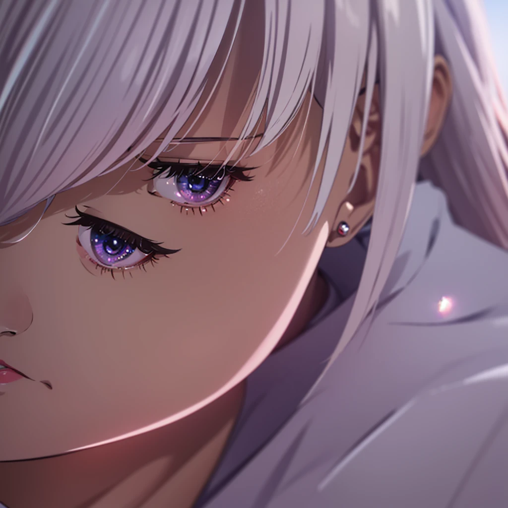 close-up shot of 1girl, light pink short hair, silver eyes, glossy lips, sapphire earrings, iper-realistic, masterpiece, cinematic lighting, best quality, anatomically perfect.
