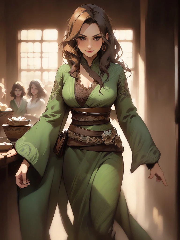 (Caucasianwoman, female, short brown hair, pale, brown eyes, solo portrait, natural breasts) green dress, long flowing dress, green clothing full body, smiling, standing inside, good lighting, daytime, inside of a tavern, ((masterpiece, best quality)), art by greg rutkowski