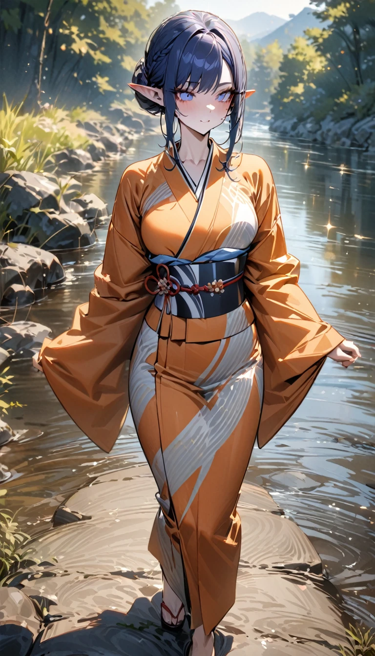 dark blue hair, cornrows, long eyelashes, pointy ears, sparkle, best quality, high quality, high details, award winning, ((super detail)), textured skin, ((masterpiece)), Yukata, traditional Japanese clothing, slightly open yukata, orange yukata, Outdoors, walking by the river