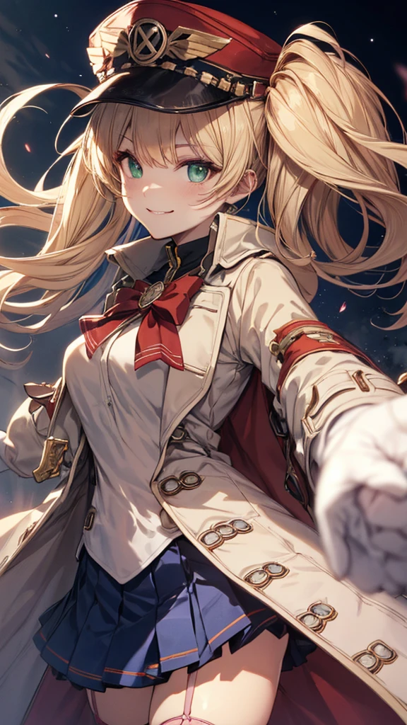 weisswindval,evil smile, twintails, peaked cap, green eyes,(long coat:1.3), blue skirt, white thighhighs, elbow gloves,contrapposto,masterpiece,Noise Reduction,perfect anatomy,high resolution, ultra-detailed, ultra-detailed face,game cg,dutch angle ,beautiful detailed eyes,visualart,five fingers, perfect hands, perfect lighting, sparkling pupils,