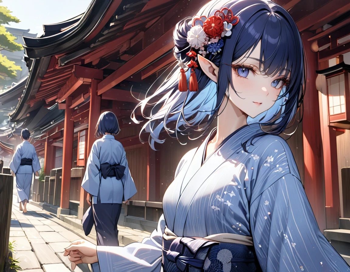 dark blue hair, nihongami, kanzashi, long eyelashes, pointy ears, sparkle, best quality, high quality, high details, award winning, ((super detail)), textured skin, ((masterpiece)), Yukata, traditional Japanese clothing, slightly open yukata, light blue yukata, Walking around Kyoto's shrines