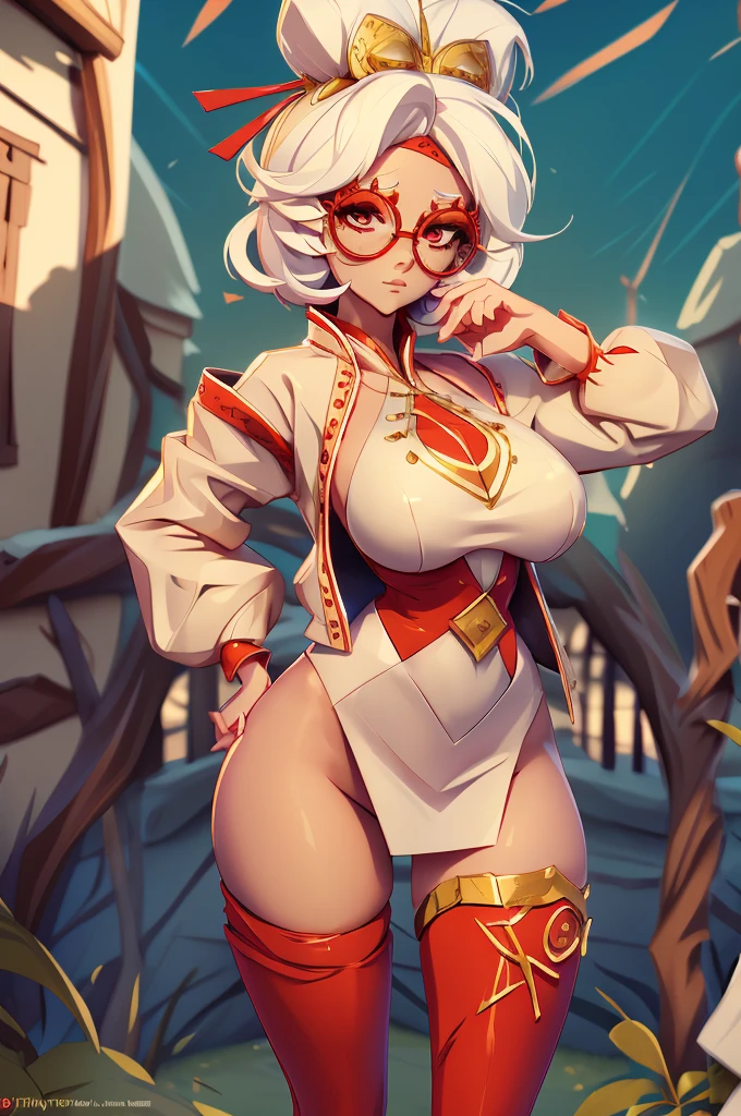 score_9, score_8_up, score_7_up,
anime_source,
1 girl, Purah, sexy pose, detailed eyes, red shaped glasses, perfect face (perfect nose), white hair, big breasts, slim waist, wide hips, red tights, black high heels, backlit, backlit, outdoor , bottom view