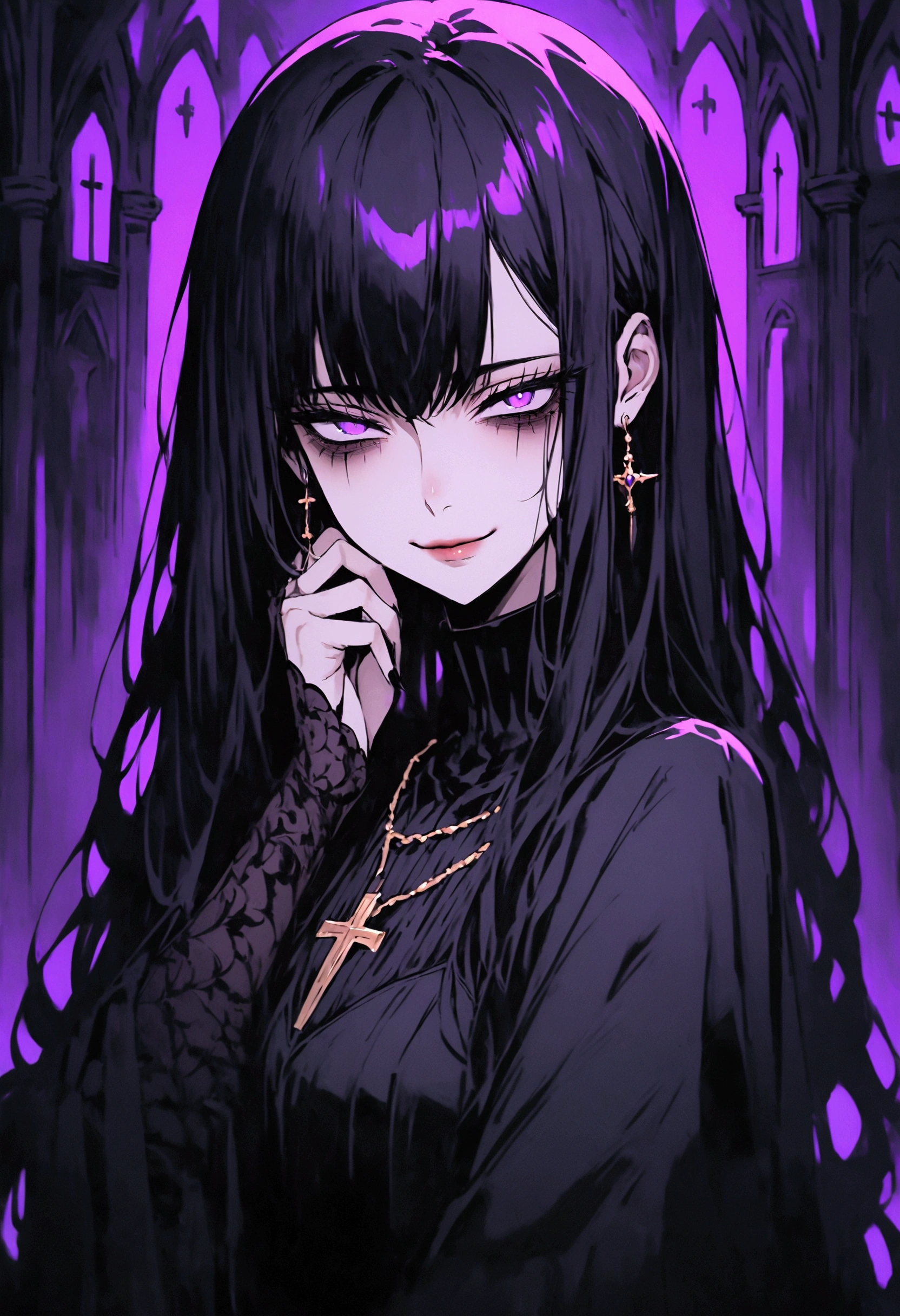 Priestess, black long hair, dark circles under eyes, cold eyes, narrowed eyes, purple eyes, black long flowing garments, smiling slughtly, omnious feeling, demon in disguise
