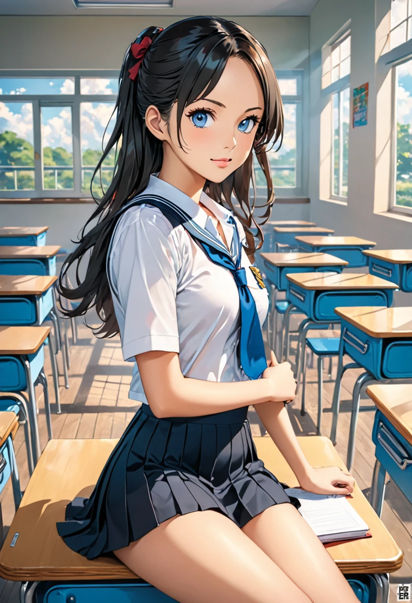 Masterpiece, Best quality, 1girl, Looking at the viewer, one piece,, NamiOP, school uniform, school, school desk,, Single,  