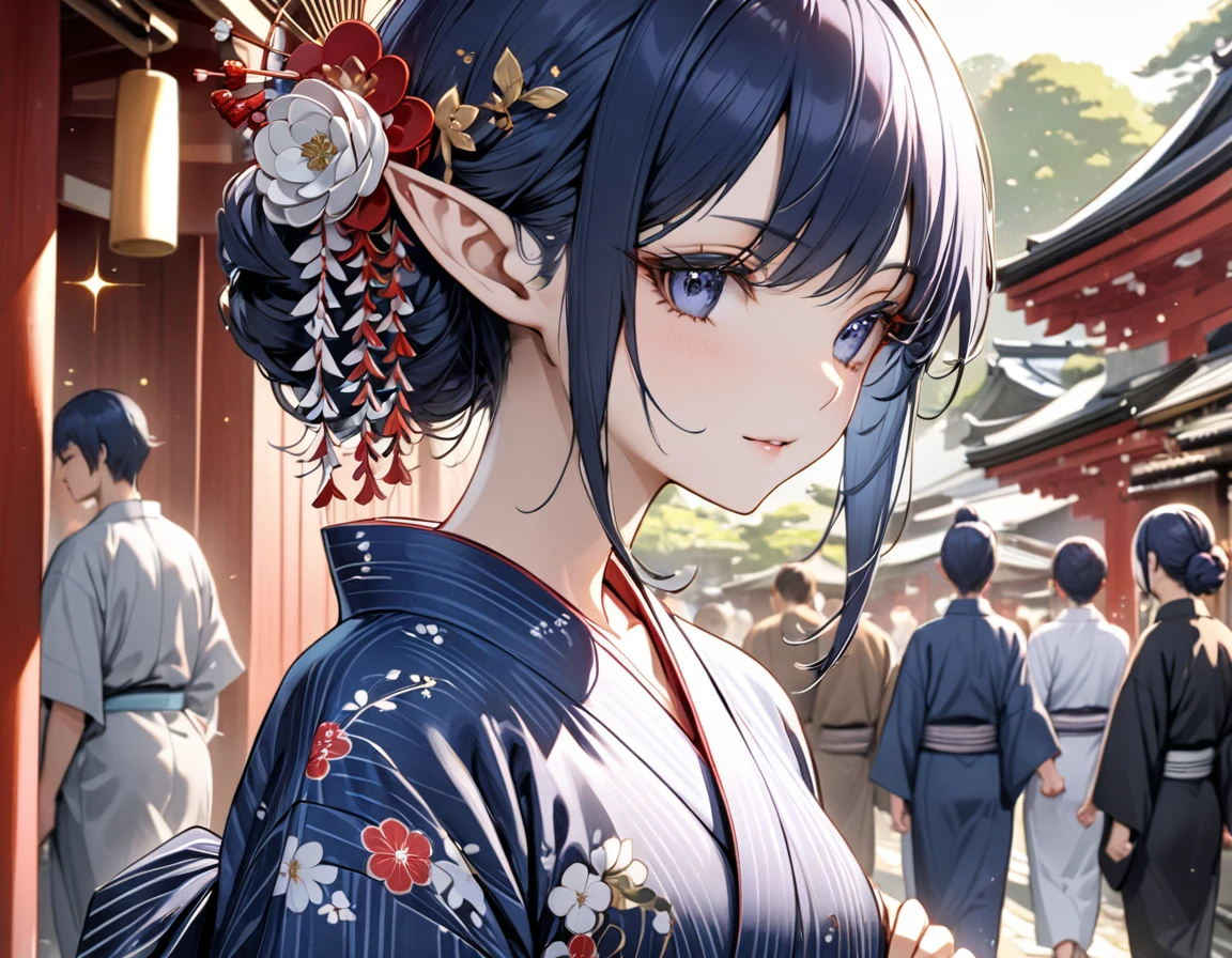 dark blue hair, nihongami, kanzashi, long eyelashes, pointy ears, sparkle, best quality, high quality, high details, award winning, ((super detail)), textured skin, ((masterpiece)), Yukata, traditional Japanese clothing, slightly open yukata, Floral Yukata, Walking around Kyoto's shrines