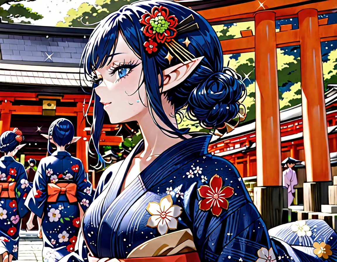 dark blue hair, nihongami, kanzashi, long eyelashes, pointy ears, sparkle, best quality, high quality, high details, award winning, ((super detail)), textured skin, ((masterpiece)), Yukata, traditional Japanese clothing, slightly open yukata, Floral Yukata, Walking around Kyoto's shrines