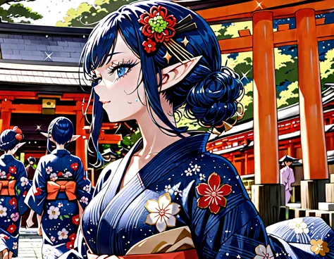 dark blue hair, nihongami, kanzashi, long eyelashes, pointy ears, sparkle, best quality, high quality, high details, award winni...