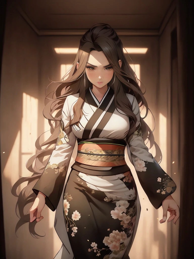 (Caucasianwoman, female,brown hair, pale, brown eyes, solo portrait, natural breasts) green kimono, long flowing kimono, green dress, green clothing full body, smiling, standing inside, good lighting, daytime, ( inside of a castle, medieval serting), ((masterpiece, best quality)), art by greg rutkowski,  (detailed Bonifasko lighting), (detailed face), (detailed skin), BREAK, (( flowing hair)), ((facing viewer)), (cinematic lighting), ((detailed background)), ((full body portrait view)), (((full body view))), (half body shadow), [backlighting], [crepuscular ray], [detailed ambient light], [gray natural lighting], [ambient light on the belly], [sharp focus], (questionable content), (shaded), ((masterpiece)), Commission for High Res,Sakimichan beautiful, masterpiece, natural breasts, medium breasts, best quality, detailed image, bright colors, detailed face, perfect lighting, perfect shadows, perfect eyes, girl focus, brown eyes, flawless face, face focus, gaze at the viewer, half-closed eyes, 1girl, solo, full body, (masterpiece:1.21), (best quality:1.2), (illustration:1.2), (cinematic lighting:1.3), detailed skin, balanced coloring, global illumination, ray tracing, good lighting, ((brown hair, green kimono))