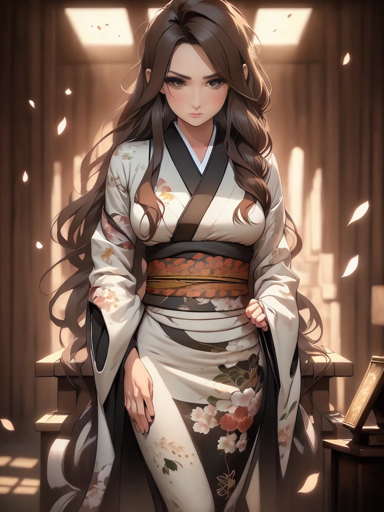 (Caucasianwoman, female,brown hair, pale, brown eyes, solo portrait, natural breasts) green kimono, long flowing kimono, green dress, green clothing full body, smiling, standing inside, good lighting, daytime, ( inside of a castle, medieval setting, sitting in a throne), ((masterpiece, best quality)), art by greg rutkowski,  (detailed Bonifasko lighting), (detailed face), (detailed skin), BREAK, (( flowing hair)), ((facing viewer)), (cinematic lighting), ((detailed background)), ((full body portrait view)), (((full body view))), (half body shadow), [backlighting], [crepuscular ray], [detailed ambient light], [gray natural lighting], [ambient light on the belly], [sharp focus], (questionable content), (shaded), ((masterpiece)), Commission for High Res,Sakimichan beautiful, masterpiece, natural breasts, medium breasts, best quality, detailed image, bright colors, detailed face, perfect lighting, perfect shadows, perfect eyes, girl focus, brown eyes, flawless face, face focus, gaze at the viewer, half-closed eyes, 1girl, solo, full body, (masterpiece:1.21), (best quality:1.2), (illustration:1.2), (cinematic lighting:1.3), detailed skin, balanced coloring, global illumination, ray tracing, good lighting, ((brown hair, green kimono))