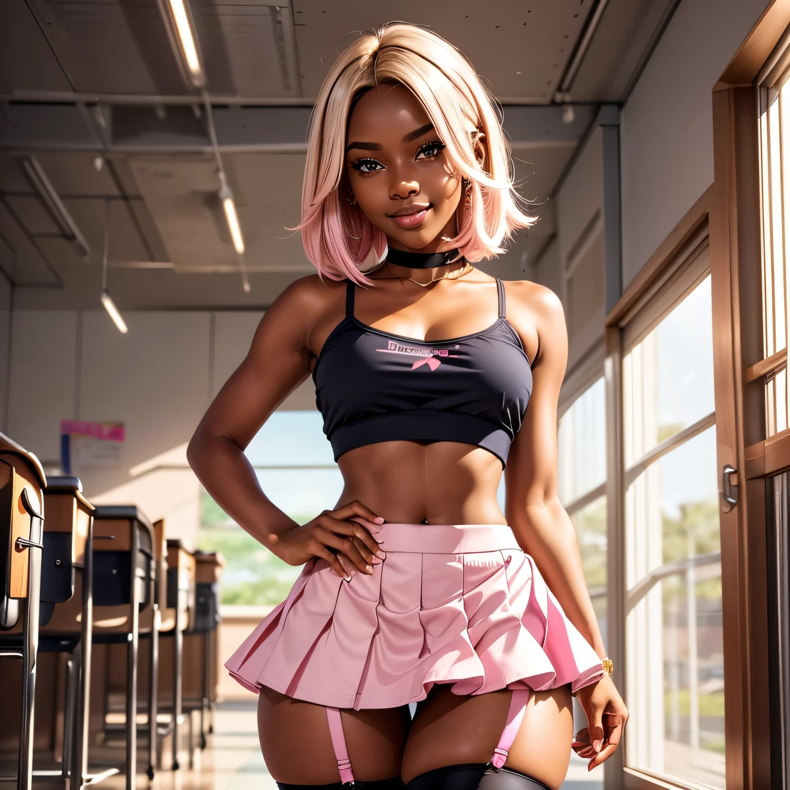 Highest Quality, ​masterpiece, beautifully detailed eyes, (dark skin), short Blonde Hair, Gradient Hair, pink highlights in hair, large breasts, wariza, makeup, glossy lips, full lips, classroom, cheerleader, light smile, midriff, collarbone, thigh highs, miniskirt, thick thighs, (large breasts), 