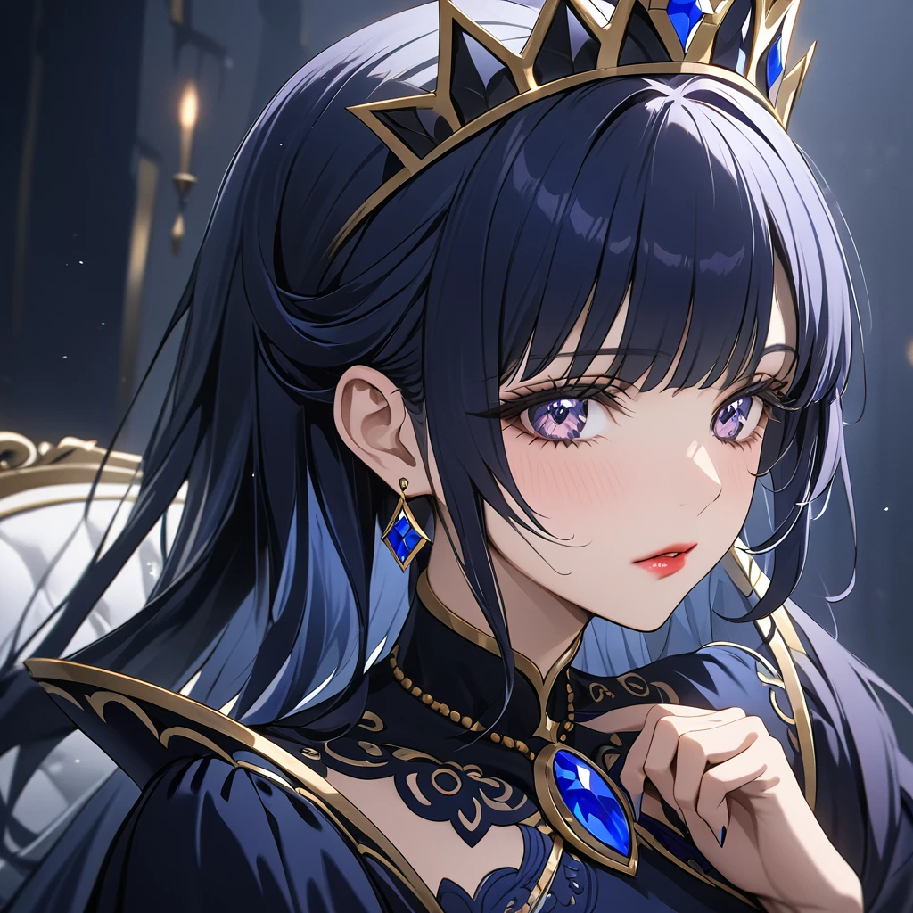 ((Highest quality)), ((masterpiece)), (detailed), （Perfect Face）、The woman is Reika Aoki, an evil queen with midnight blue semi-long hair.、She is wearing a gorgeous black dress with gold embroidery and trim, and is wearing makeup including lipstick and eyeshadow.