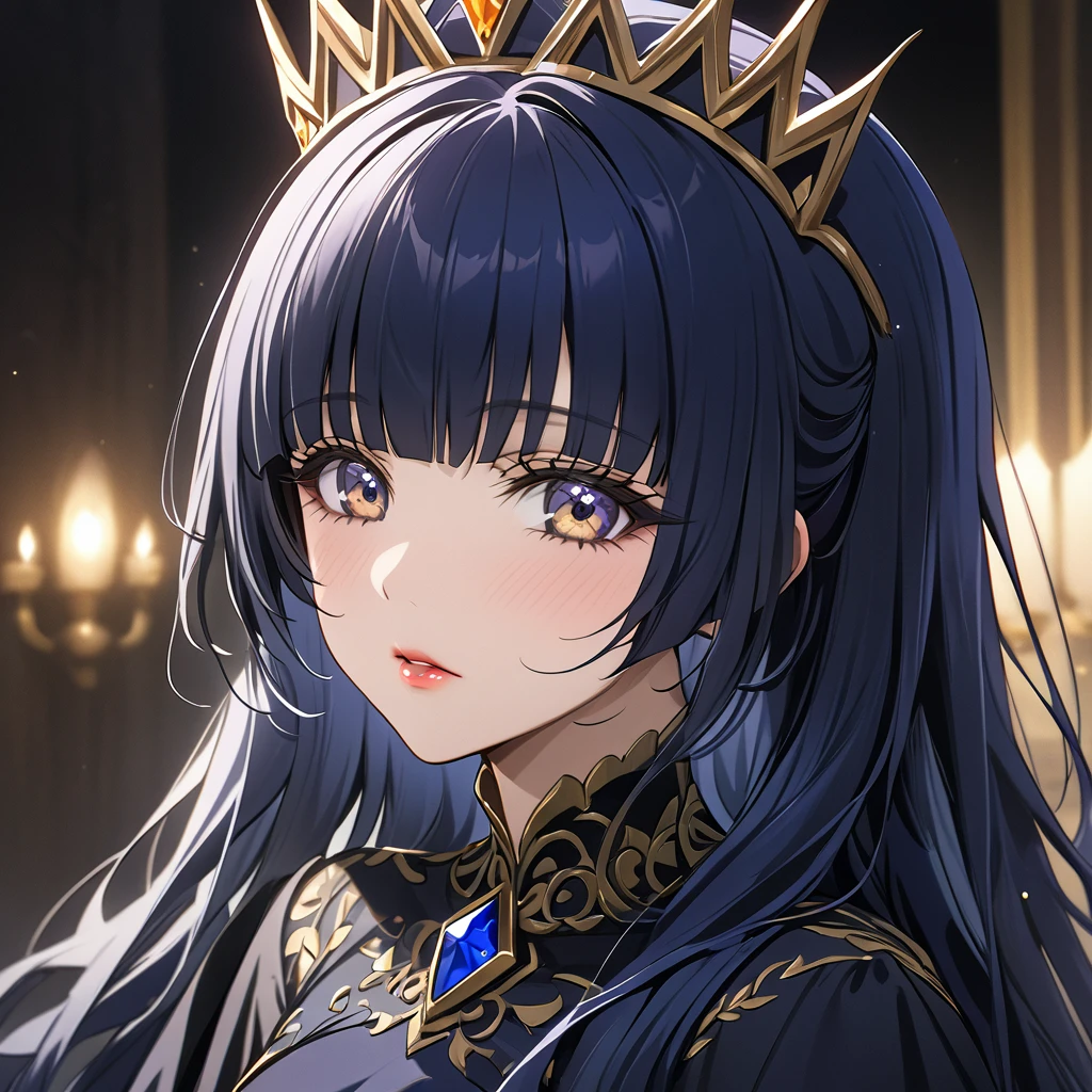 ((Highest quality)), ((masterpiece)), (detailed), （Perfect Face）、The woman is Reika Aoki, an evil queen with midnight blue semi-long hair.、She is wearing a gorgeous black dress with gold embroidery and trim, and is wearing makeup including lipstick and eyeshadow.