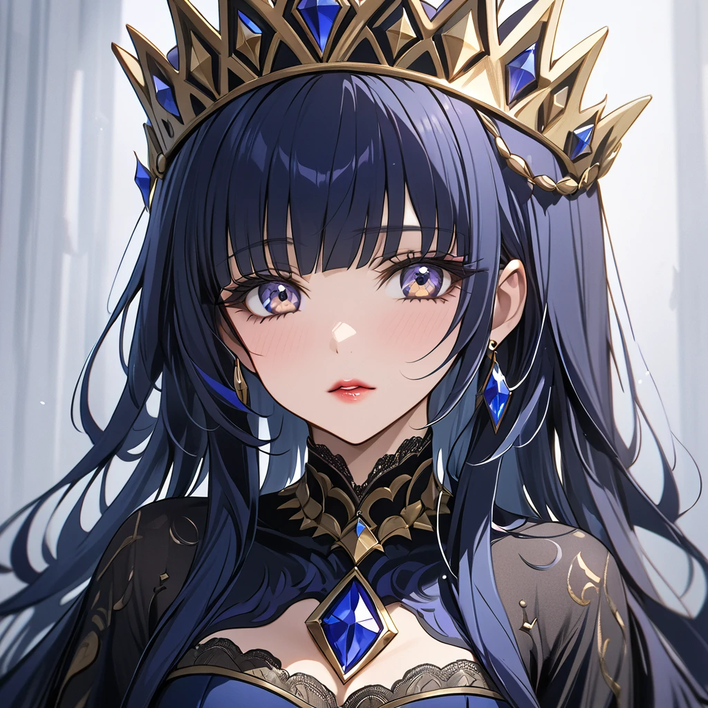 ((Highest quality)), ((masterpiece)), (detailed), （Perfect Face）、The woman is Reika Aoki, an evil queen with midnight blue semi-long hair.、She is wearing a gorgeous black dress with gold embroidery and trim, and is wearing makeup including lipstick and eyeshadow.