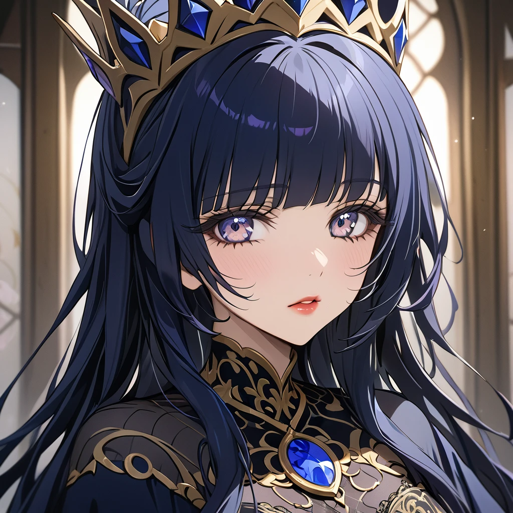 ((Highest quality)), ((masterpiece)), (detailed), （Perfect Face）、The woman is Reika Aoki, an evil queen with midnight blue semi-long hair.、She is wearing a gorgeous black dress with gold embroidery and trim, and is wearing makeup including lipstick and eyeshadow.